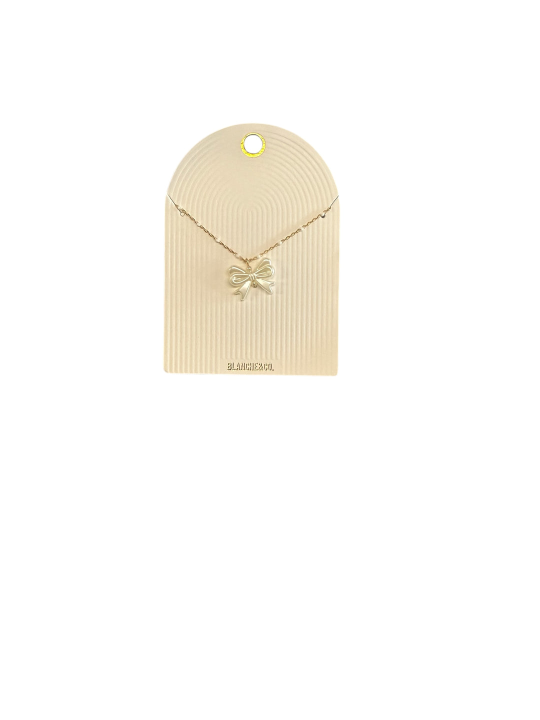 Gold chain necklace with small bow charm, adjustable 16–18” size, featuring a delicate and elegant design.