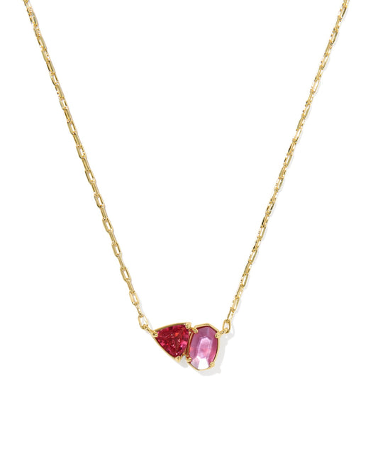 Tatum Short Pendant Necklace with two pink gemstones on 14k yellow gold chain; available in 16" and 18" lengths.