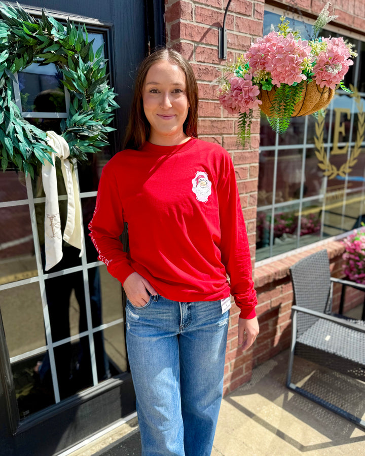 Jolly Santa Scalloped Long Sleeve top, featuring scalloped edges and Santa graphic. Available in sizes S-XXL.