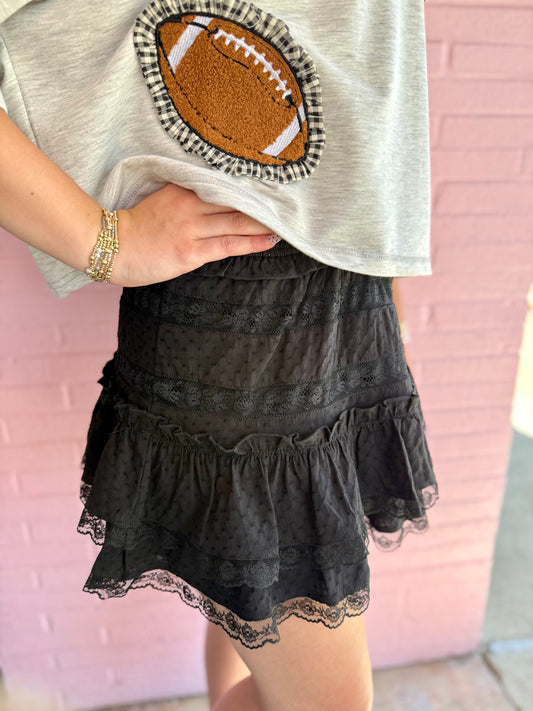 Emerson Black Lace Mini Skirt with scalloped lace detailing. Available in sizes XS-XL.