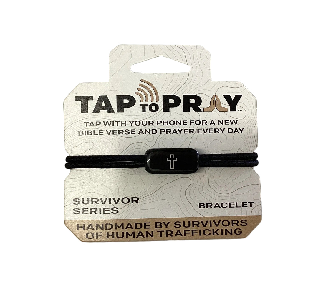 Tap To Pray Bracelet with black cord and rectangular cross charm.