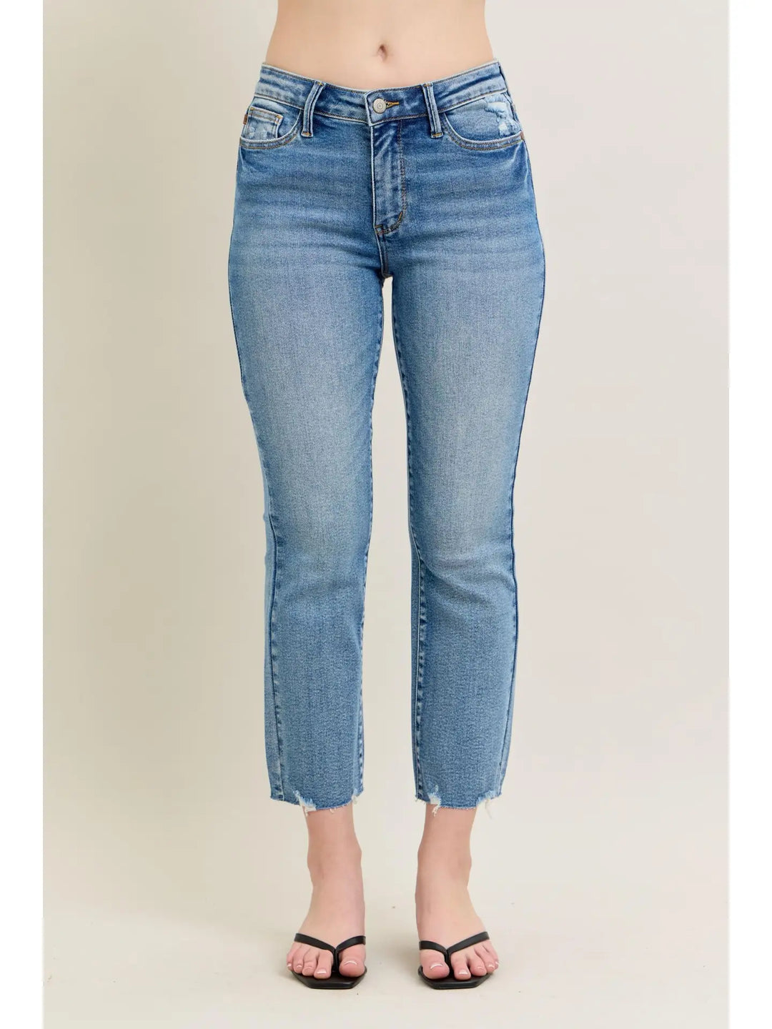 Judy Blue MR Kick Flare Destroy Hem Vintage Wash Jeans, light blue with raw hem; available in sizes 0-24.
