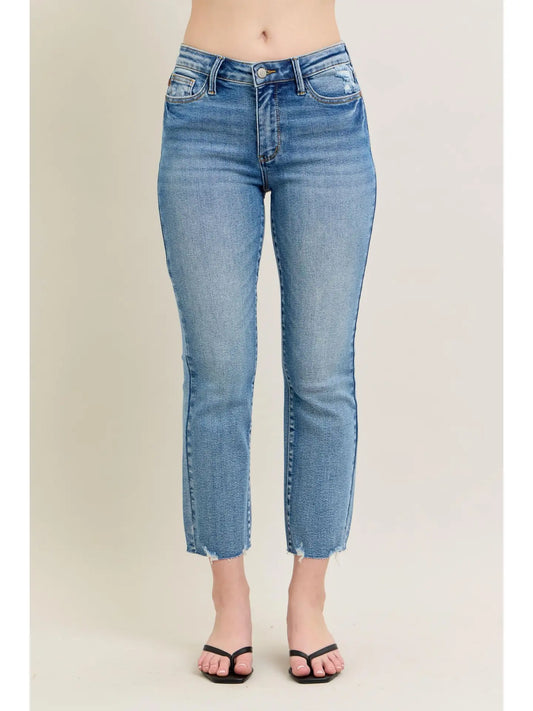 Judy Blue MR Kick Flare Destroy Hem Vintage Wash Jeans, light blue with raw hem; available in sizes 0-24.