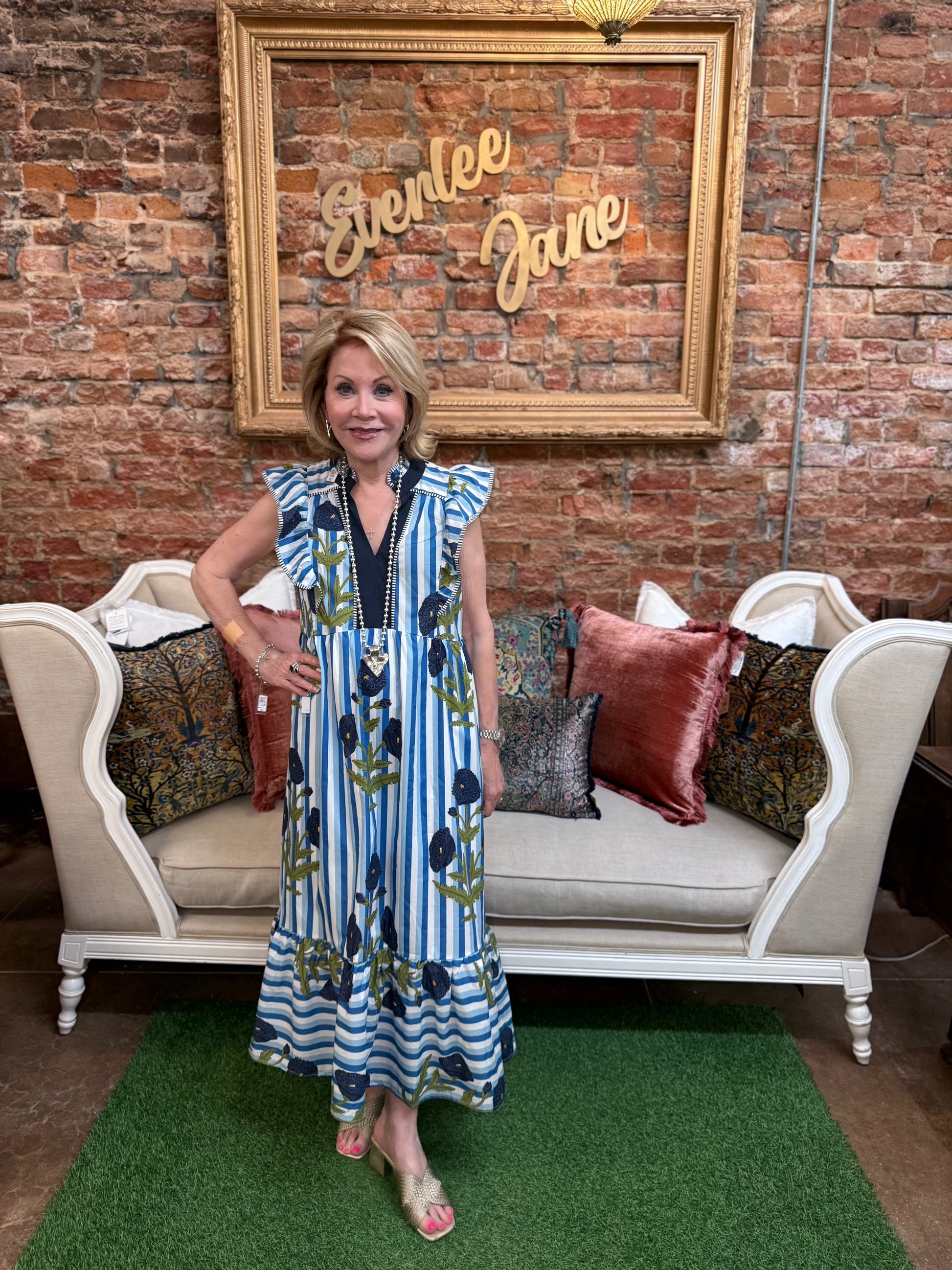Blue Striped Floral Dress, available in sizes S-XL.
