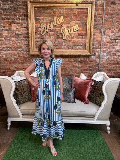 Blue Striped Floral Dress, available in sizes S-XL.