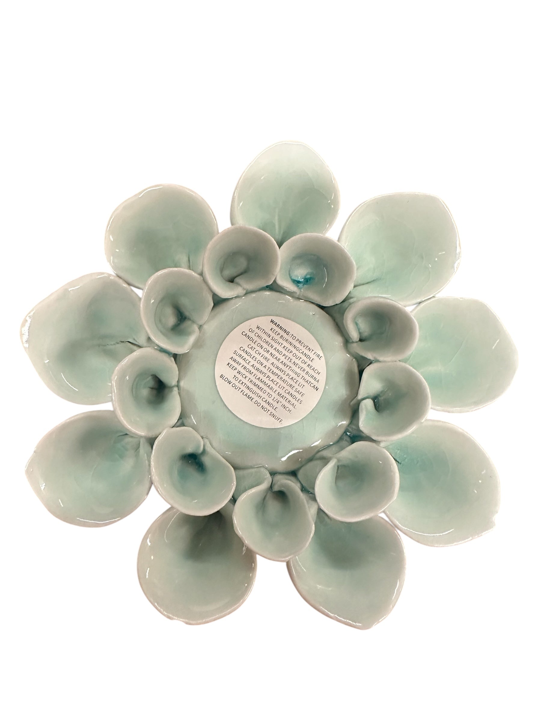 Ceramic Blue Flower Decorative Votive Holder with blue-green layered petals, round labeled center. Sizes: small, medium, large.