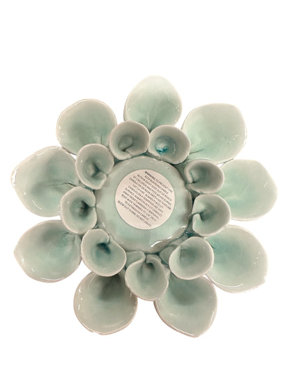 Ceramic Blue Flower Decorative Votive Holder with blue-green layered petals, round labeled center. Sizes: small, medium, large.
