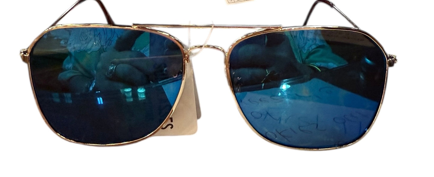 Aviator mirror sunglasses, gold frames, blue lenses, UV 400 protection; available in S/M/L.