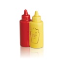 Main Squeeze Minis: Red and yellow plastic squeeze bottles, each with embossed front. Available in mini size.