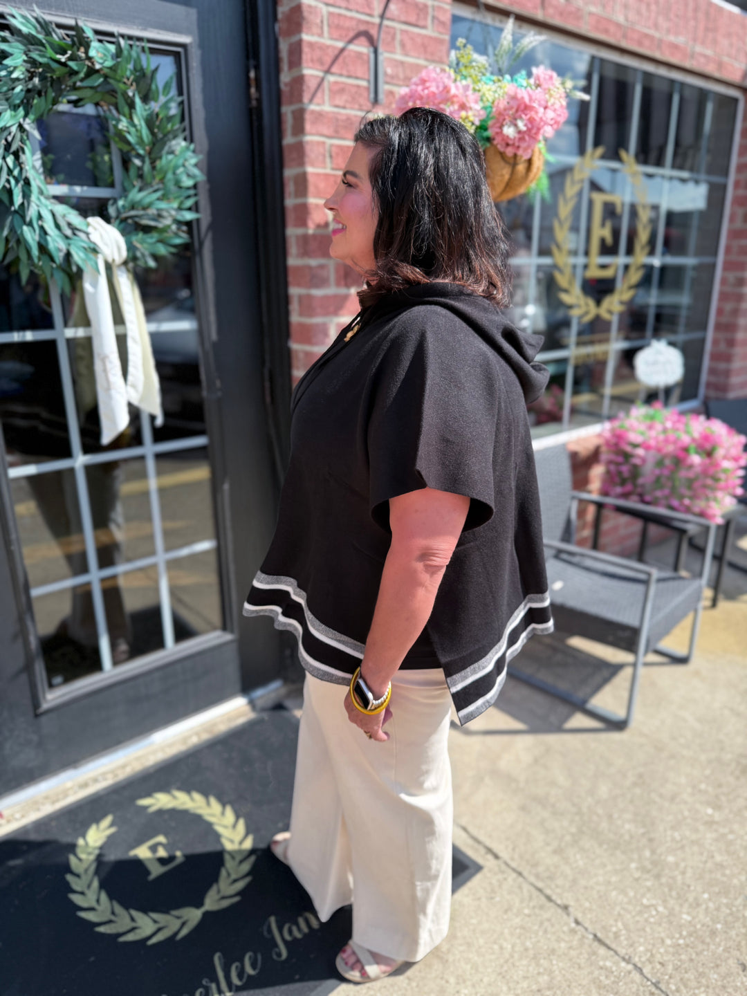 Aspen Stripe Hoodie Poncho—cozy, stylish layering piece. Available in sizes XS to XL.