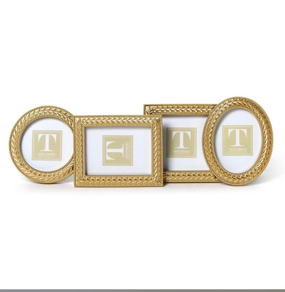Set of three interconnected gold photo frames with laurel wreath-inspired edges: two oval and one rectangular. Available in small, medium, and large sizes.