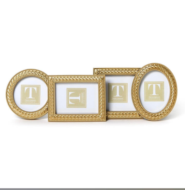 Set of three interconnected gold photo frames with laurel wreath-inspired edges: two oval and one rectangular. Available in small, medium, and large sizes.