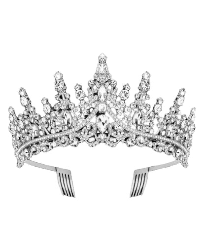 Sparkling silver Princess Crown with clear gemstones, central peak, side combs; sizes: small, medium, large.