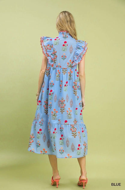 Block Floral Print Midi Dress with ruffled sleeves and colorful patterns, available in sizes XS to XL.