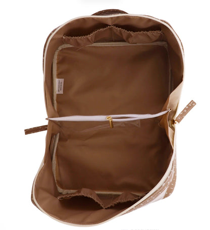 Travel Organizer in tan, large size. Features a roomy interior, two elastic side pockets, central zippered compartment with gold zipper, and a patterned exterior. Light brown lining for visibility inside. Shown empty from above. Available in large size.