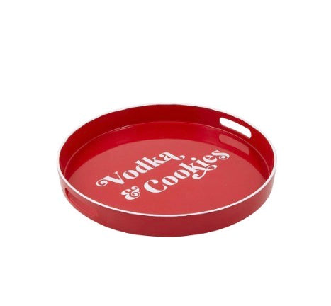Round red Vodka &amp; Cookies Bar Tray with integrated handles and white “Vodka &amp; Cookies” text.