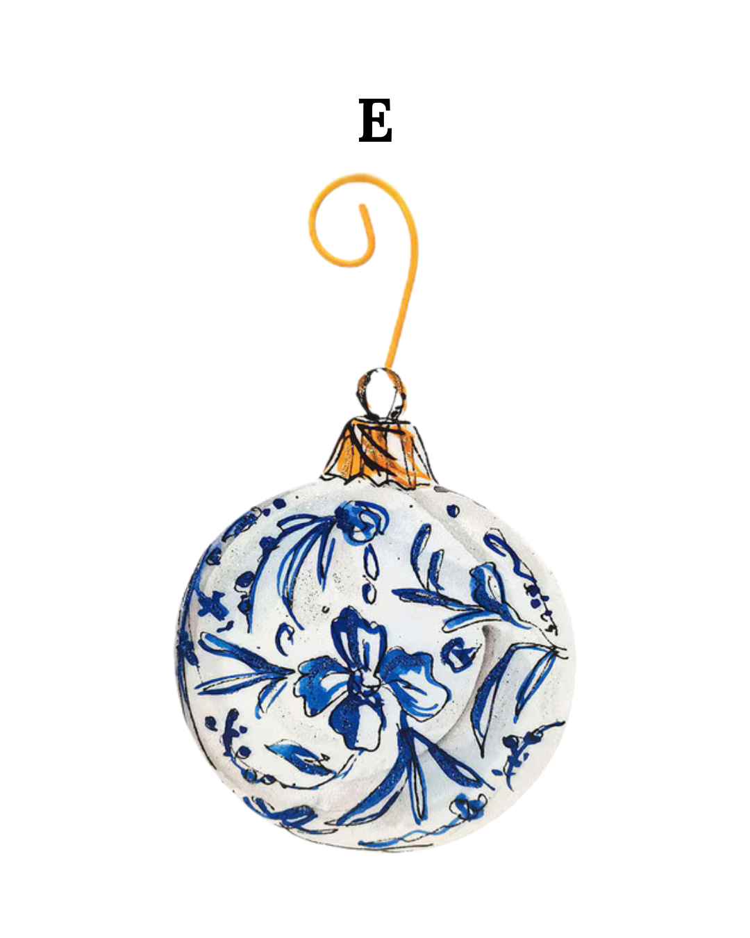 Round Beck’s Chinoiserie Ornament with blue floral pattern, gold wire hanger, and letter E.