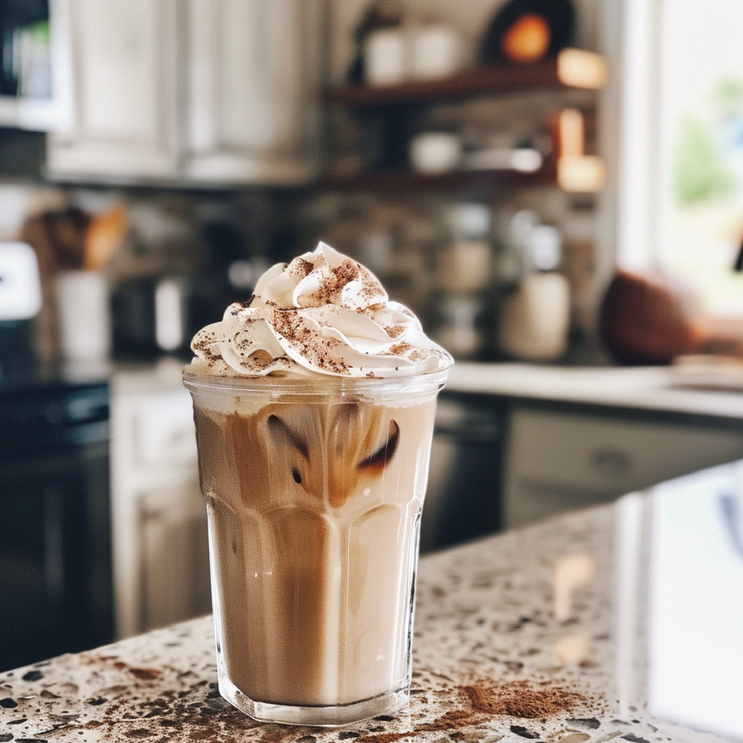 Glass of iced coffee with whipped cream and Sugar Free Caramel Syrup drizzle. Available in 12oz, 16oz, and 20oz sizes.