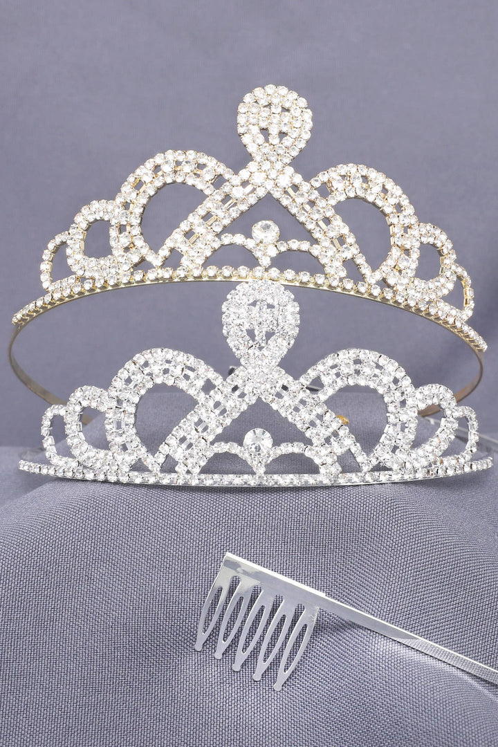 Two silver crystal rhinestone scalloped princess comb tiaras, each with clear plastic comb; available in standard size.