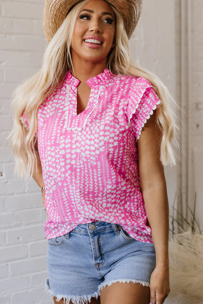 Cynthia Ric Rac Trim Flutter Sleeve Notch V Neck Blouse features ric rac trim detailing, flutter sleeves, and a notch V neckline. Available in sizes XS to XL.