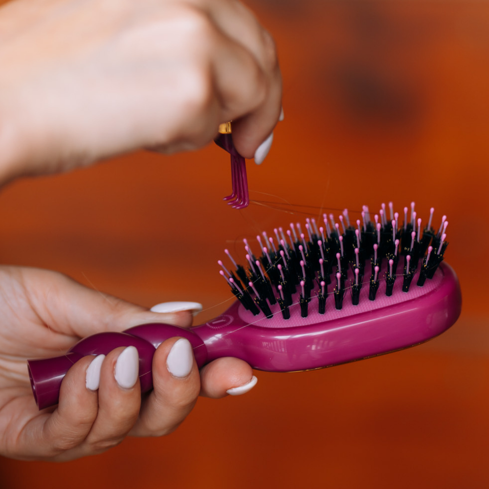 Mini Boar Bristle Hair Brush - Mulberry being cleaned with a small tool; available in mini size.