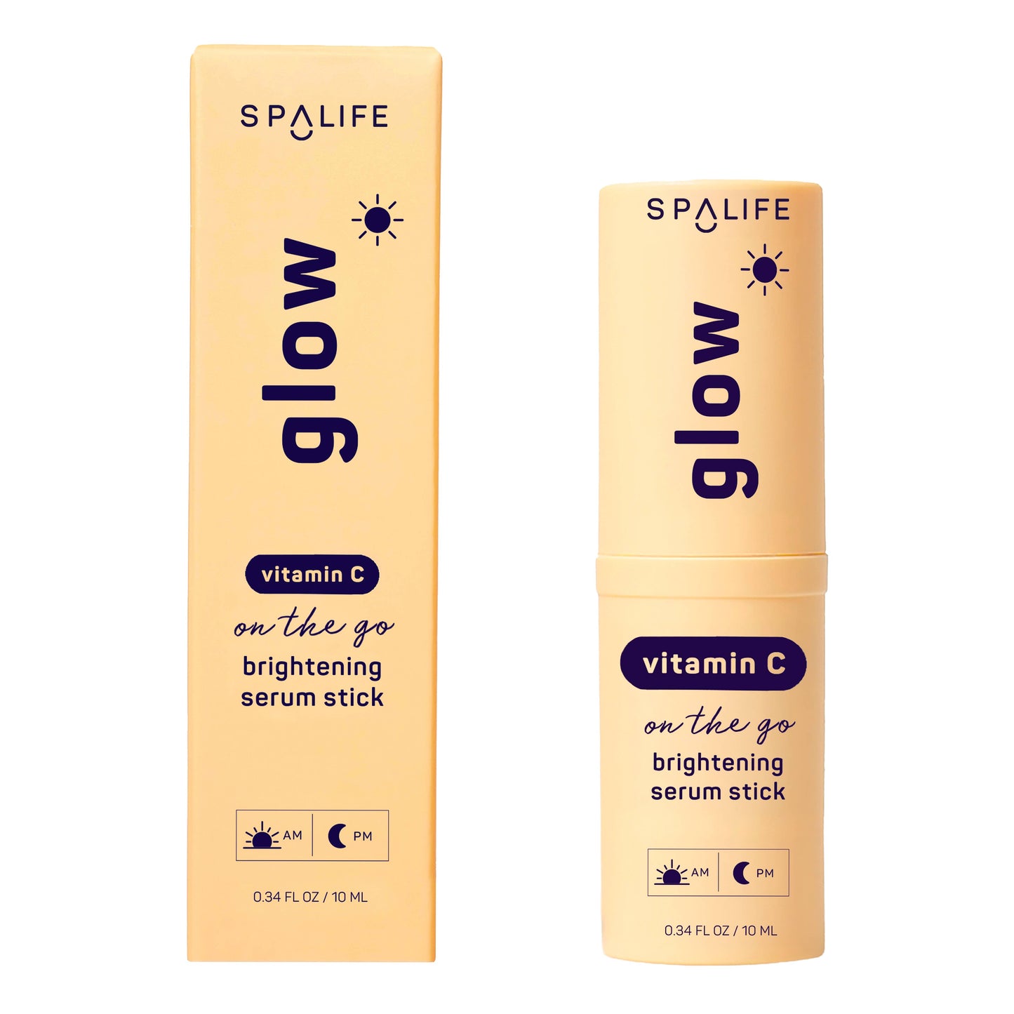 SPALIFE Glow Vitamin C Brightening Face Serum Stick and its packaging are light orange with purple text, displaying the product name, AM/PM instructions, and size (0.34 FL OZ / 10 mL). Available in a 0.34 FL OZ (10 mL) stick for targeted dark spot treatment.