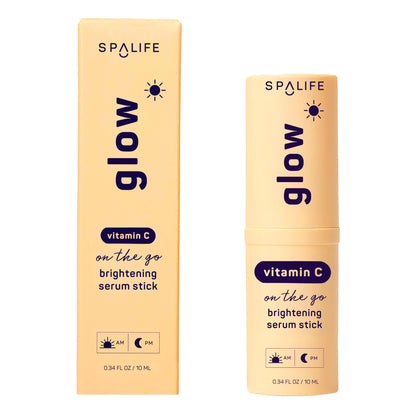 SPALIFE Glow Vitamin C Brightening Face Serum Stick and its packaging are light orange with purple text, displaying the product name, AM/PM instructions, and size (0.34 FL OZ / 10 mL). Available in a 0.34 FL OZ (10 mL) stick for targeted dark spot treatment.