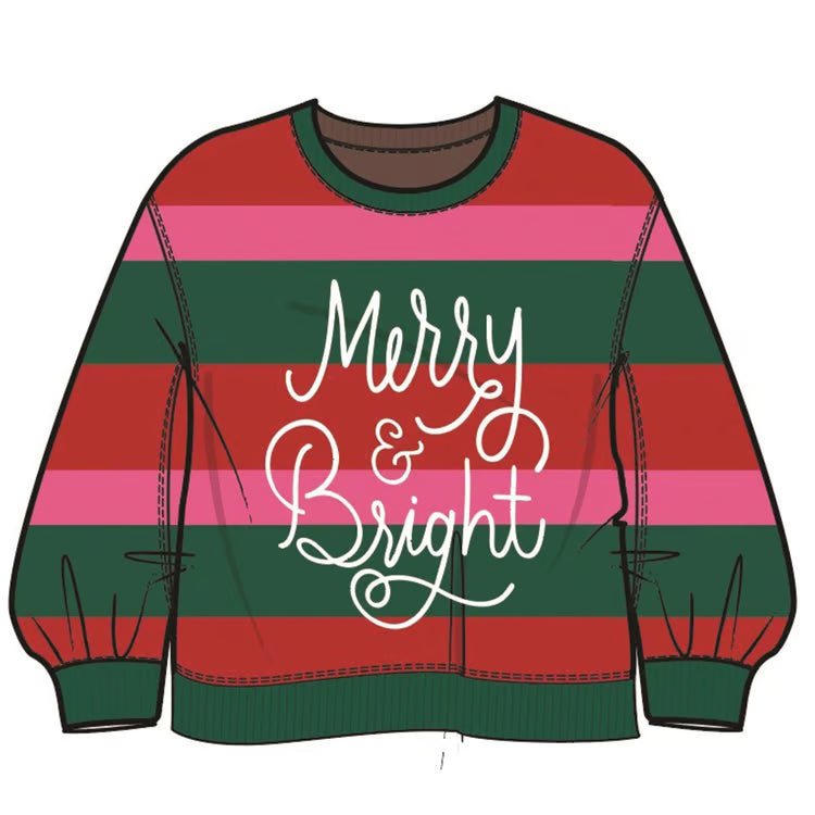 Millie Merry &amp; Bright long-sleeved crewneck sweatshirt with red, dark green, and pink stripes and white “Merry &amp; Bright” cursive lettering.