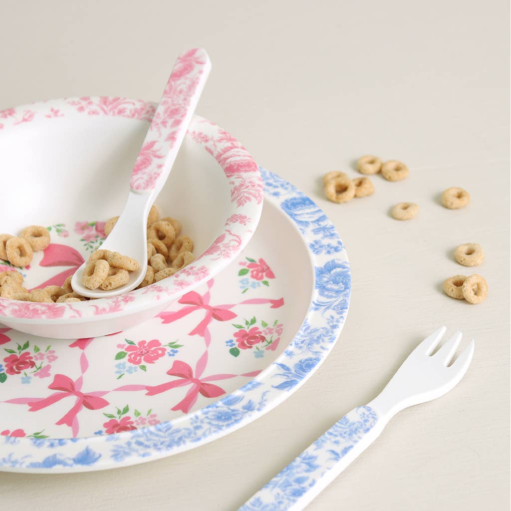 Itzy Bistro™ 4-Piece floral melamine toddler set: bowl, spoon, plate, and fork. Available in standard toddler size.