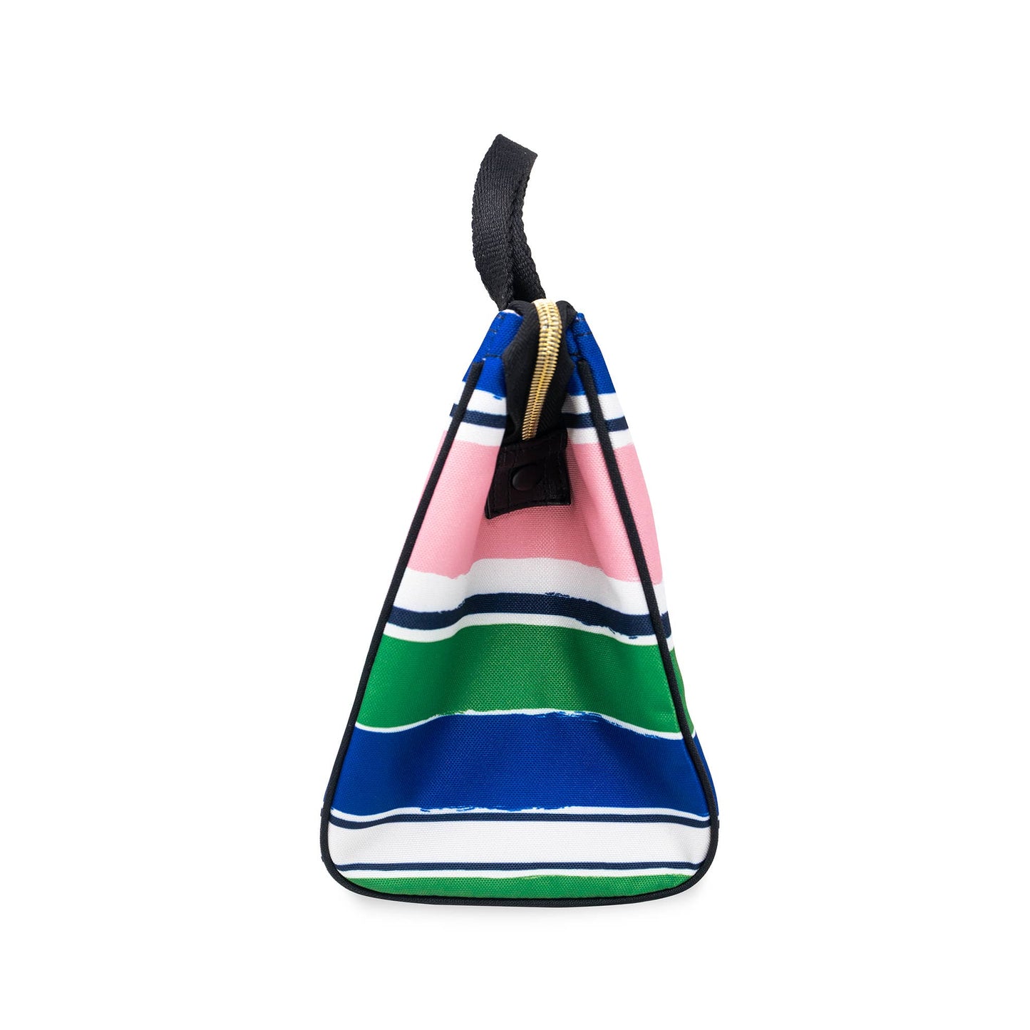 Lunch Bag, Ocean Stripe: side view, blue/green/white/pink/navy stripes, triangular shape, black handle. Sizes: small, large.