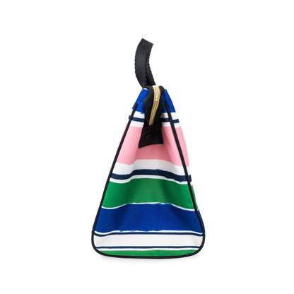 Lunch Bag, Ocean Stripe: side view, blue/green/white/pink/navy stripes, triangular shape, black handle. Sizes: small, large.