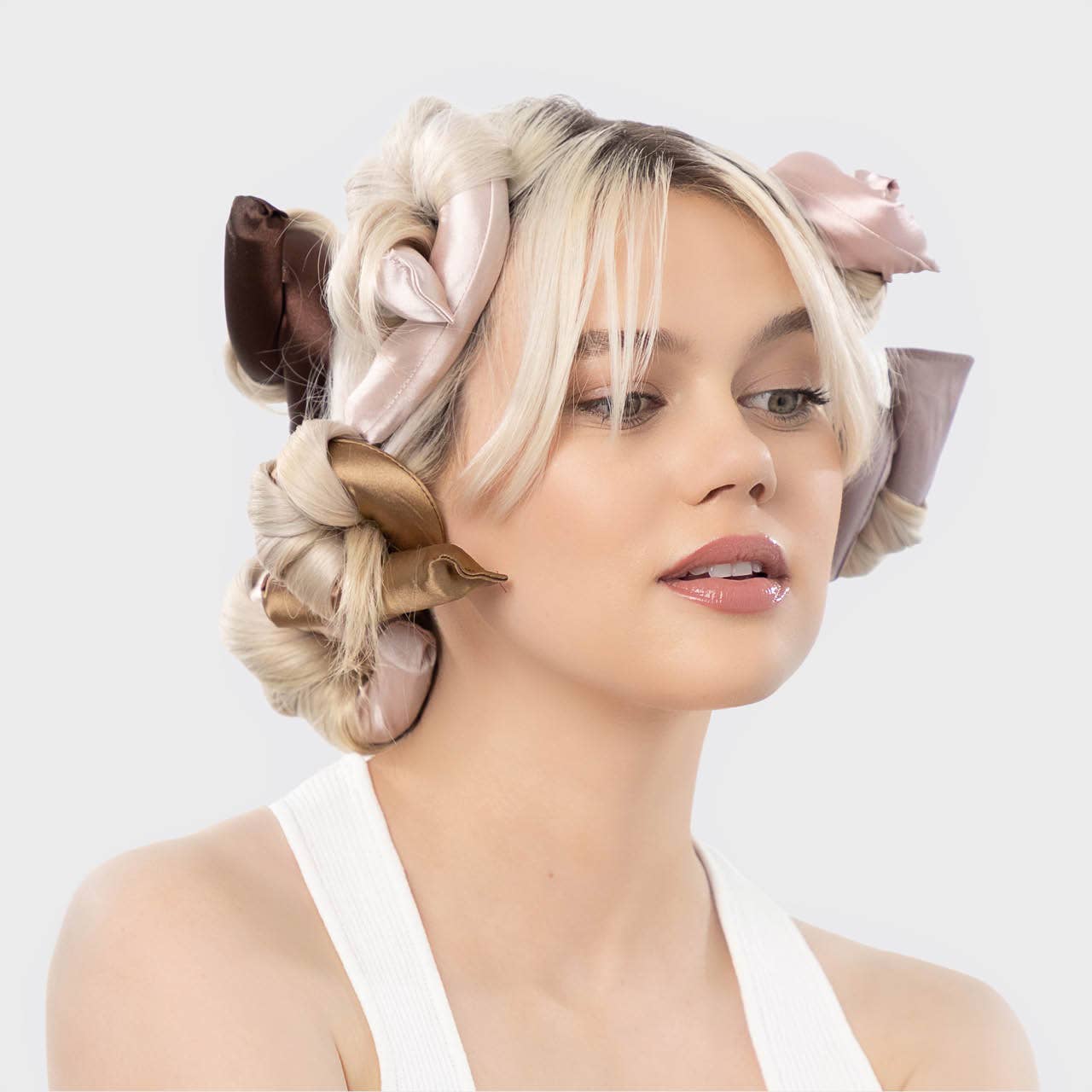 Satin Wrapped Flexi Rods - 6pc Set in pink, brown, and beige. Available in multiple sizes for creating no heat curls.