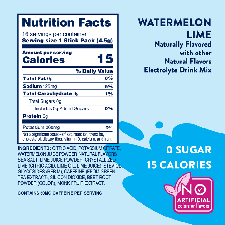 Nutrition facts panel for Refresher Stix 16 ct - Watermelon Lime, zero sugar electrolyte drink mix.