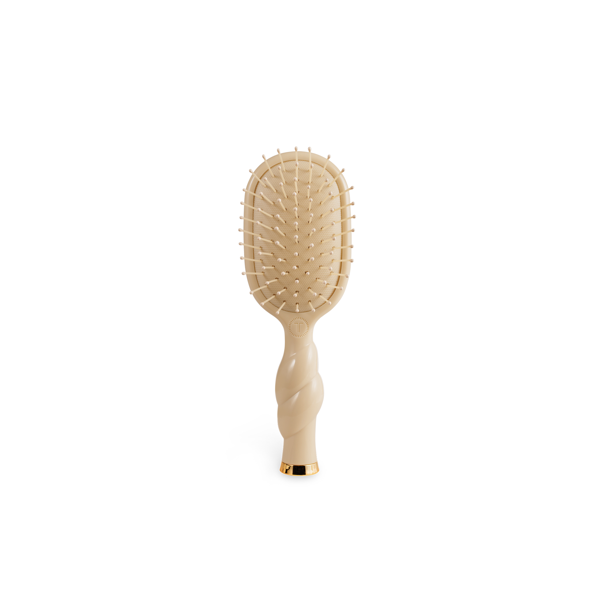 Mini Detangler Brush for Medium Hair in Tan with rectangular paddle, rounded bristles, twisted handle. Available in mini size.