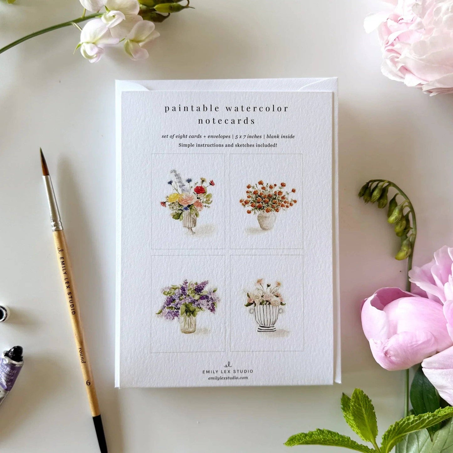 Bouquets paintable watercolor notecard set with four vase designs featuring flowers. Sizes available: standard notecard size.