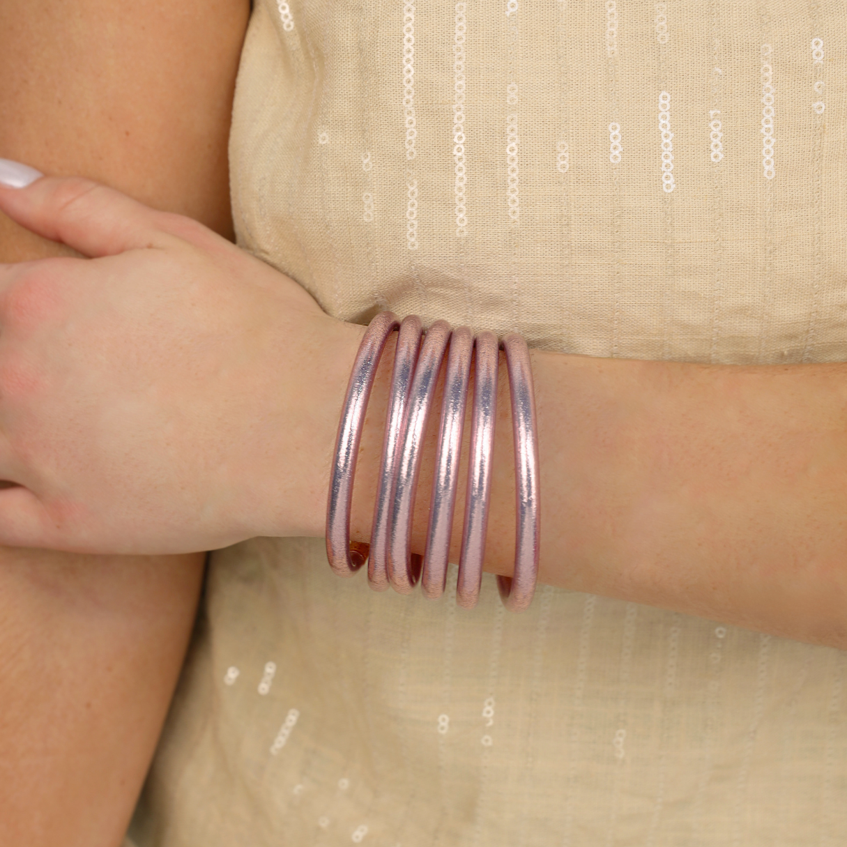 Ice Rose All Weather Bangles® Set of 6 in shiny pink; available in Small, Medium, Large, and Extra Large sizes.