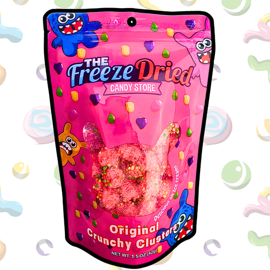 Bright pink pouch labeled "Original Crunchy Clusters: Singles" with pink clusters inside; available in single-serve size.