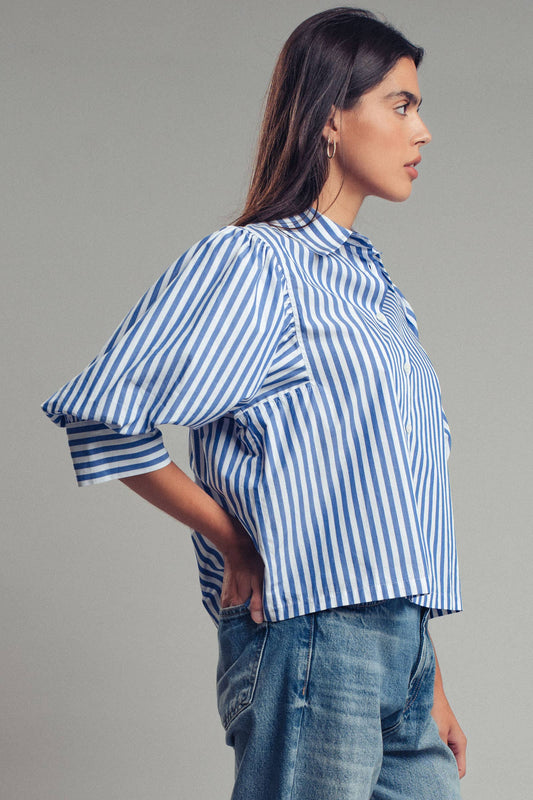 Western Boho Drop Waist Blue Stripe Blouse with wide sleeves. Available in sizes XS-XL.