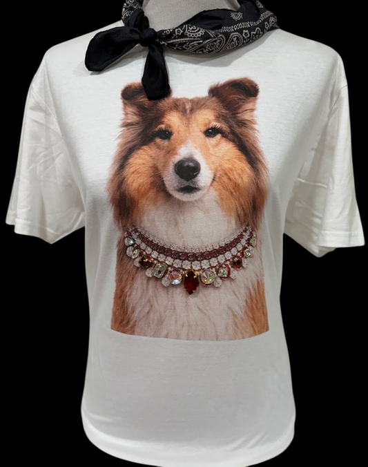Natural crewneck T-shirt with a large graphic of a collie dog in a jeweled collar. Available in sizes S-XL.