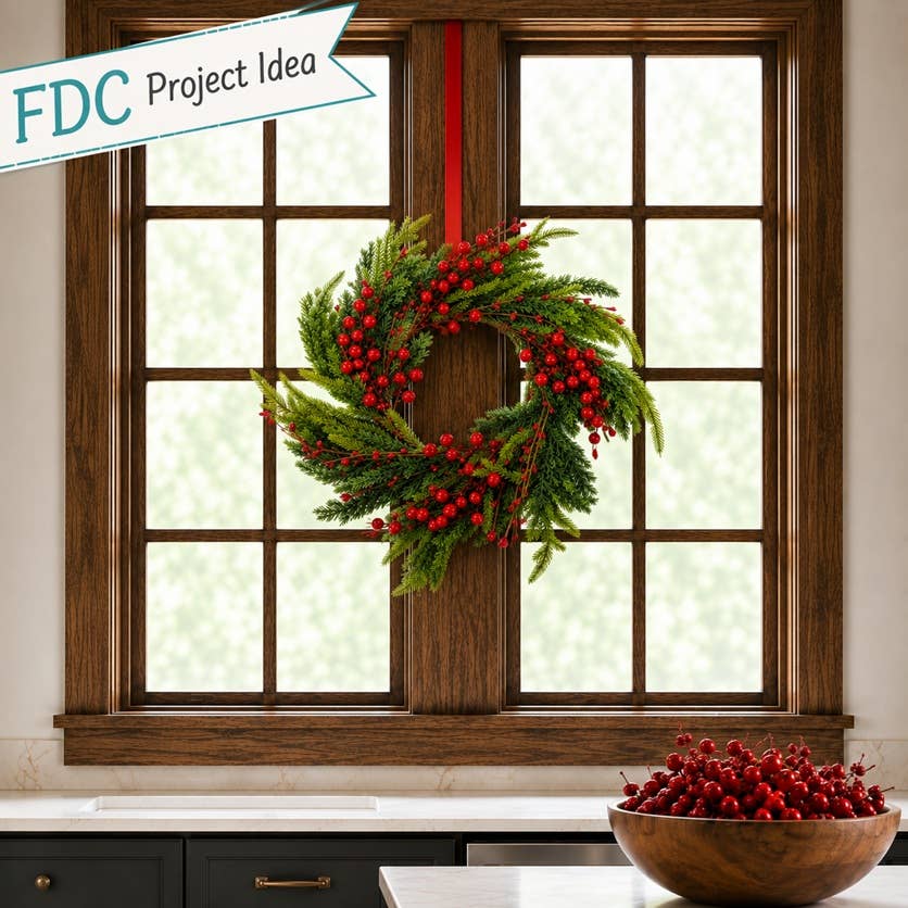 16″ Fir Pine and Red Berries Candle Ring or Wreath in Green/Red.