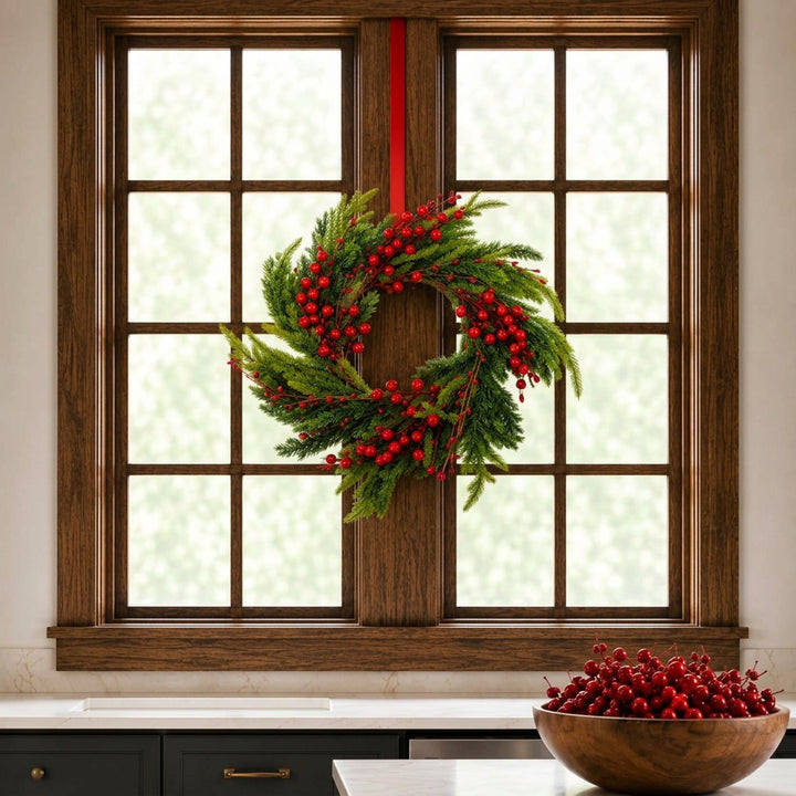 16″ Fir Pine and Red Berries Candle Ring or Wreath in Green/Red.