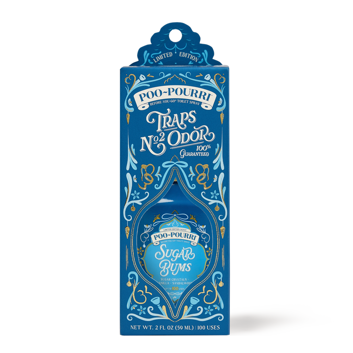 Blue box of Holiday Poo~Pourri Sugar Bums toilet spray, sweet vanilla sandalwood scent, ornate white and gold lettering. Size: 2 fl oz (59mL).