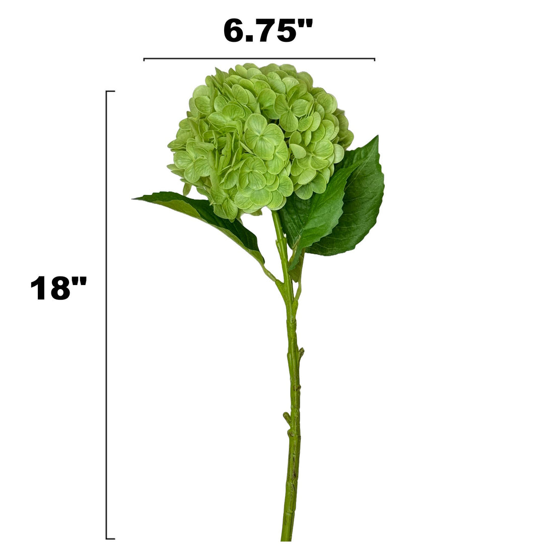 18" Large Bloom Supreme Real Touch Hydrangea in light green with lifelike stems, leaves, and 6.75" wide flower head.