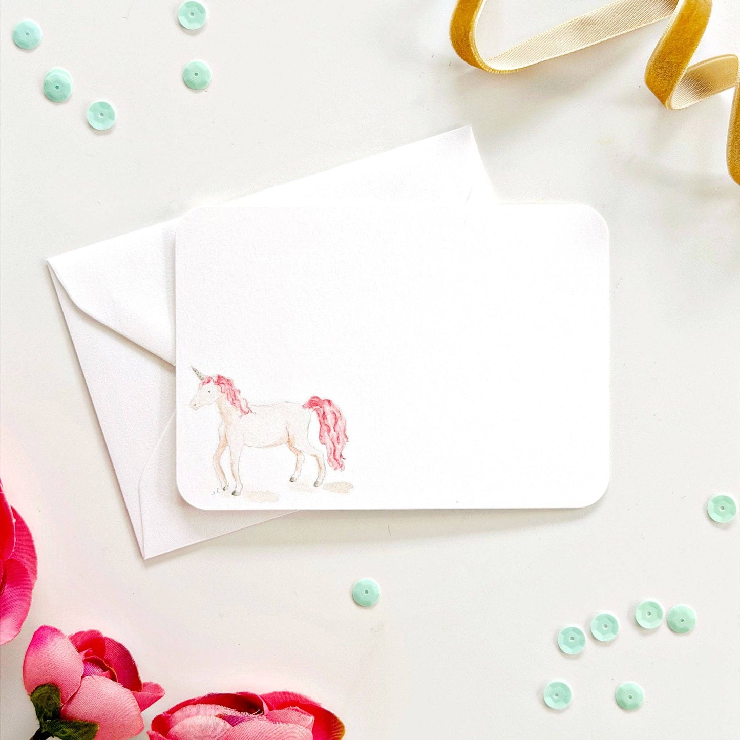 Fairytale flat notes with unicorn illustration on watercolor notecard, blank inside; available in A2 and A7 sizes.