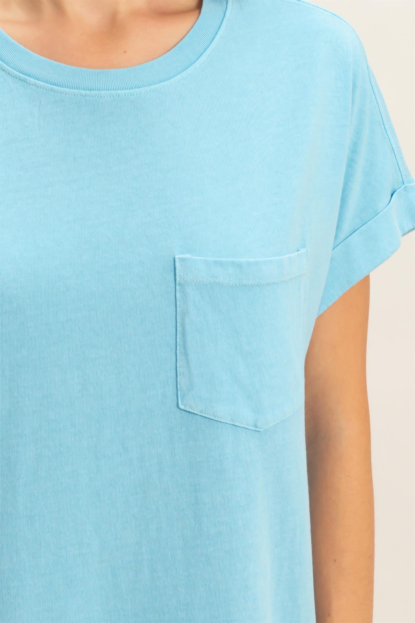Relaxed Fit Crewneck T-Shirt Dress in light blue with short sleeves, round neckline, left chest pocket. Sizes: XS-XL.