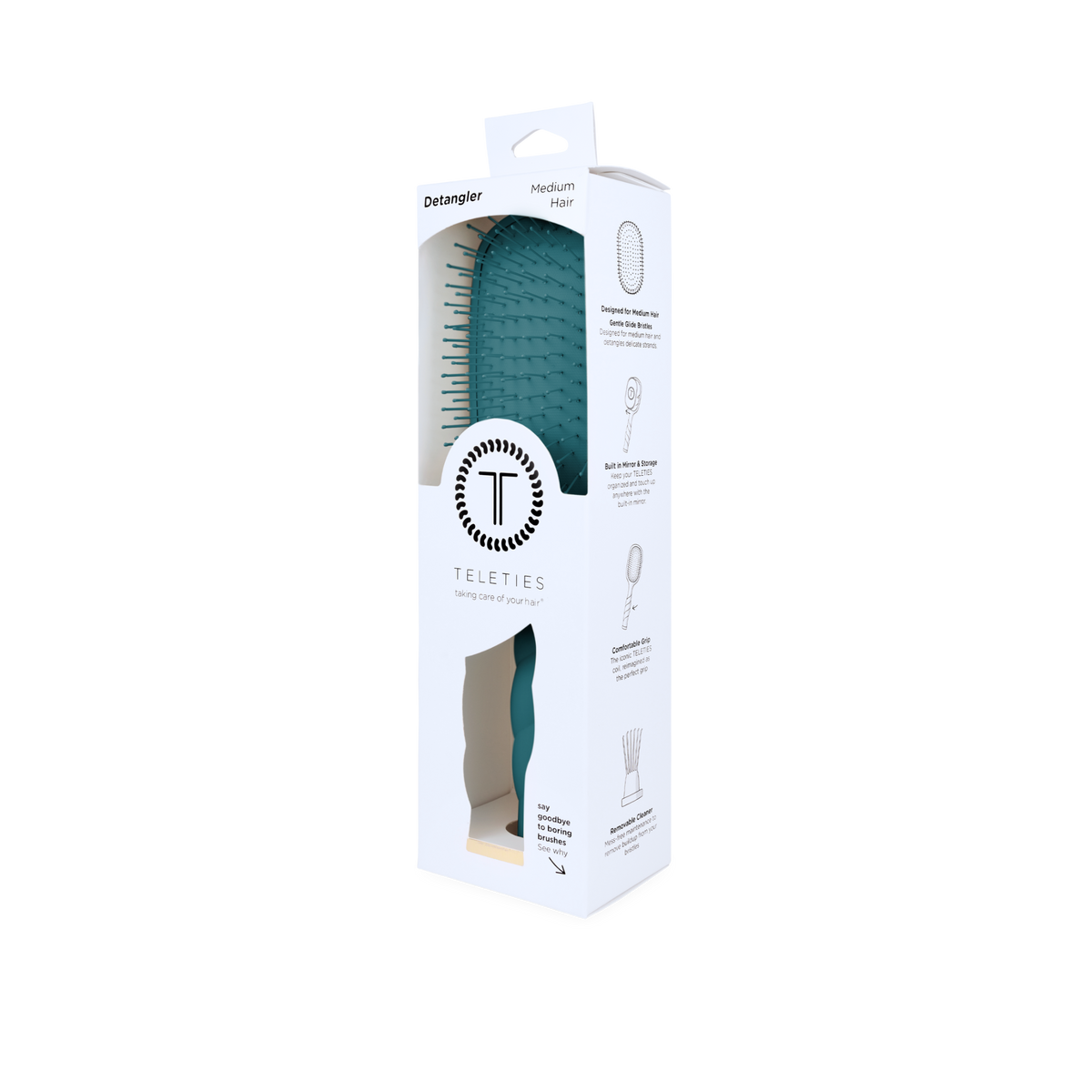 Detangler Hair Brush for Medium Hair in “Teal With It,” shown in white TELETIES packaging with product illustrations and descriptions. Available in medium size.