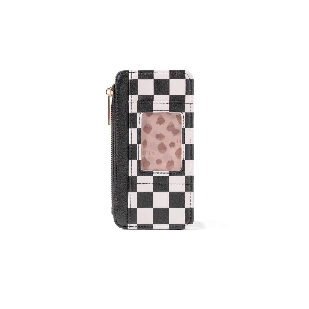 Black and white checkered vegan leather wallet with left-side zipper, transparent ID window, and available in standard size.