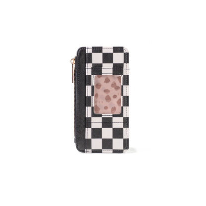 Black and white checkered vegan leather wallet with left-side zipper, transparent ID window, and available in standard size.