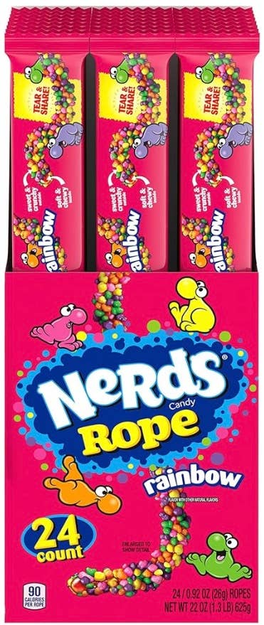 NERDS Rope Clusters Original Rainbow, 24-count box, pink packaging with bold branding and candy imagery.