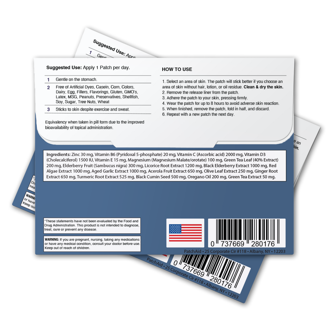 Three Immune Defense Plus Patch packets are stacked, showing usage directions, ingredient list with Zinc and Vitamins C &amp; D, barcode, and a small American flag on a blue strip. Packs available in 1-Pack size for transdermal immune support.